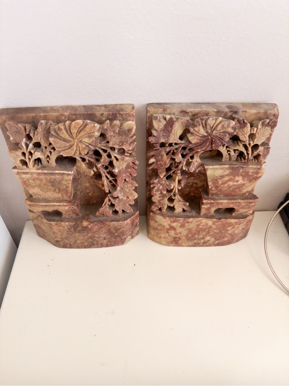 Vintage Chinese Carved Soapstone Bookends Pair, Floral & Vase Motif